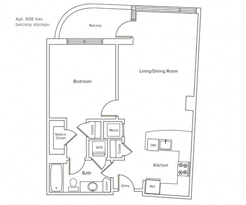 Floor plan for 1 bed, 1 bath, 742 sqft